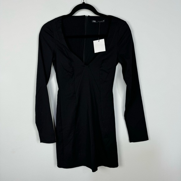 Zara Long Sleeve Plunge Sweetheart Neck Mini Dress Goth Minimalist - Picture 1 of 6